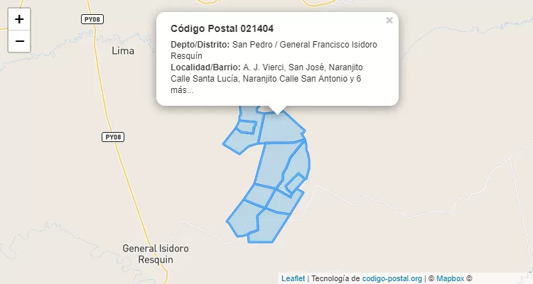 Código Postal A. J. Vierci, General Francisco Isidoro Resquín - San Pedro