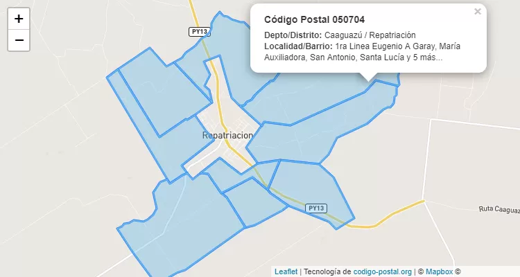 Código Postal Calle Piribebuy, Repatriación - Caaguazú