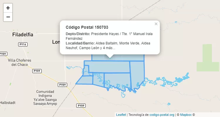 Código Postal Campo León, Tte. 1° Manuel Irala Fernández - Presidente Hayes