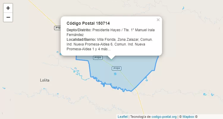 Código Postal Villa Florida, Tte. 1° Manuel Irala Fernández - Presidente Hayes