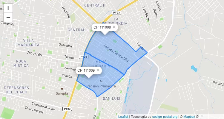 Código Postal La Concordia Monseñor Bogarín, Mariano Roque Alonso - Central
